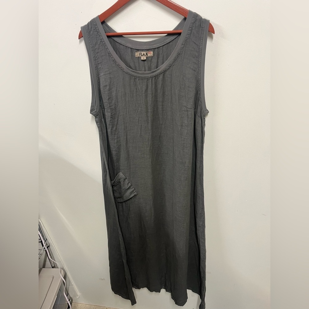 FLAX Serene Dress Linen Maxi Gray Slate Sleeveless Lagenlook Dress Size M